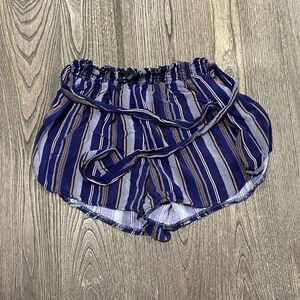 Shosho Womens Paperbag Shorts Elastic Tie Waist Striped Blue White Size M